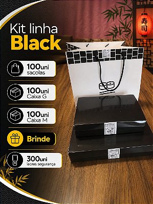 Kit Embalagens Linha Black c/ 300uni/100unid sacolas/100uni caixa G/100unid caixa M/300unid lacres de segurança brinde.