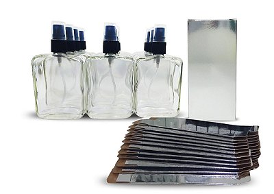 kit com 10 Vidros para perfumes de 100ml C/ Válvula Spray Preta e caixa prata luxo