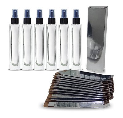 40 Vidros torre para Perfume 50ml R. 18mm + Válvula Spray preta + Caixa luxo prata