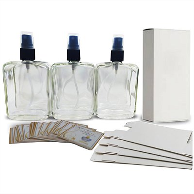 10 Vidros para perfumes de 100ml + Válvula Spray Preta + 10 caixas branca premium + 10 rótulos