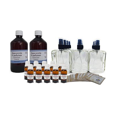 Kit 10 Vidros 100ml C/ Válvula spray + Essências 20ml + Base profissional 1L