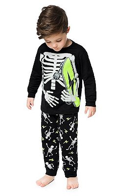 Pijama Infantil Masculino Esqueleto que Brilha no Escuro Manga Longa Malha Kyly 207811