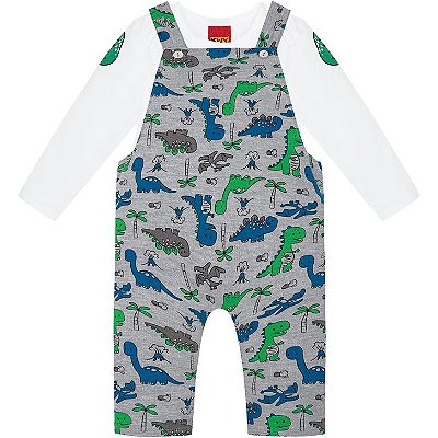 Jardineira Bebê Dino Safari com Body Branco Masculina Kyly 207591