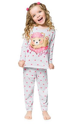 Pijama Infantil Feminino Malha Manga Longa Ursinho Mescla/Rosa Kyly 207778