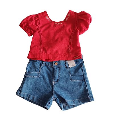 Conjunto Feminino Blusa Vermelha e Short Jeans Infantil Paraíso 15617