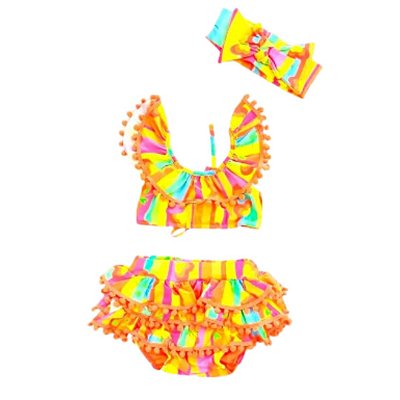Biquíni Laranja Estampa Colorida com Faixa Bebê Moda Praia Siri Kids 37509