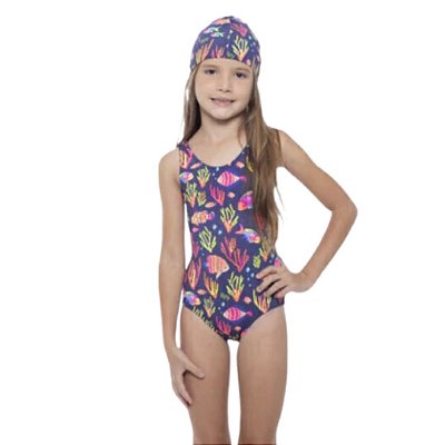 Maiô Natação com Touca Estampa Oceano Moda Praia Siri Kids 37014