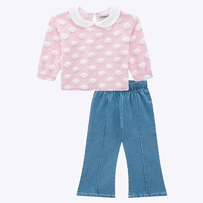 Conjunto Blusa em Pelo Poá com Calça Flare Jeans Bellini Infantil Feminino Infanti 71503