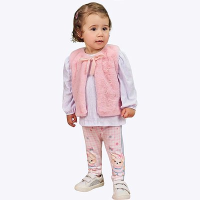 Conjunto Blusa Bata Manga Longa, Colete em Pelo Liso e Legging em Termoskin Peluciado Infantil Feminino Infanti 71942