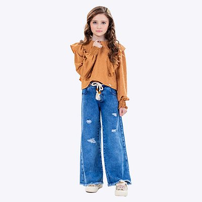 Blusa Crepe Trabalhado e Calça Jeans Infantil Feminino Vigat 7834