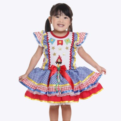 Vestido Festa Junina Detalhes Estrelas Infantil Muvile 9941A