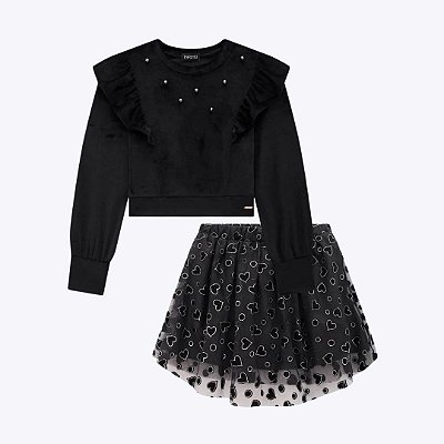 Conjunto Blusa Manga Longa Boxy em Veludo e Saia em Tule Infantil Menina Infanti 71163