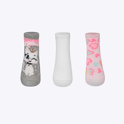 Kit com 3 Meias Infantil Menina Gata Romântica Puket 010406238