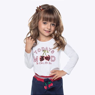 Blusa Manga Longa Branca em Malha Infantil Menina Have Fun 28705