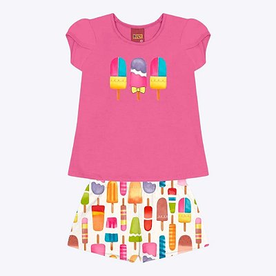 Conjunto Blusa Manga Curta e Shorts Estampa Picolé Infantil Feminino Kyly 1000233