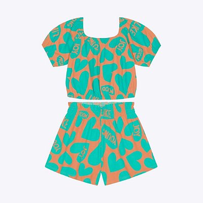 Conjunto Blusa Cropped e Shorts Estampa Corações Infantil Feminino Kyly 1000261