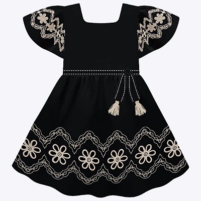 Vestido Manga Curta Bordado em Flores Infantil Feminino Milon 2000398