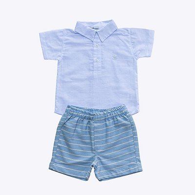 Conjunto Camisa Manga Curta Branca e Bermuda Listrada Bebê Menino Vigat 1120