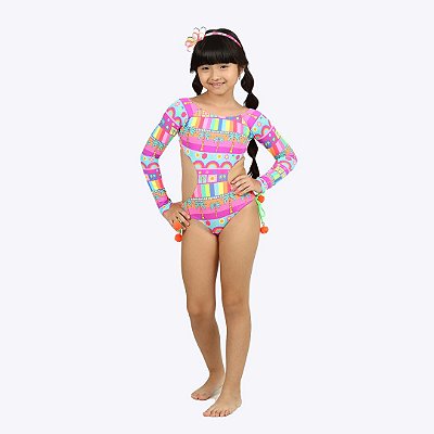 Maiô Manga Longa Tropical Infantil Menina Moda Praia Siri Kids 39206