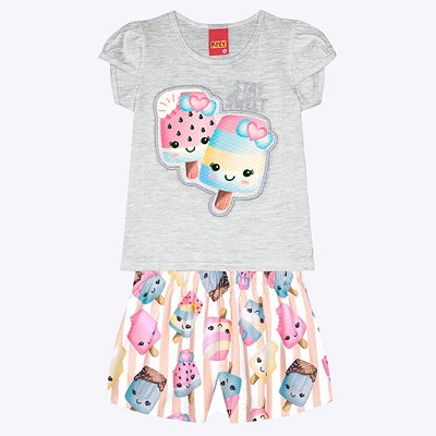 Conjunto Blusa Manga Curta e Shorts em Malha Estampado Infantil Menina Kyly 1000213