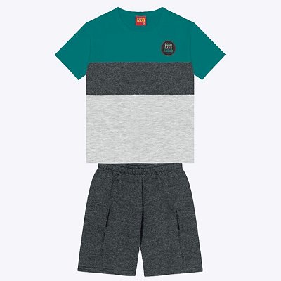 Conjunto Camiseta Manga Curta Recorte e Bermuda Moletom Flamê Infantil Menino Kyly 1000471