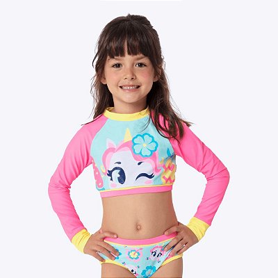 Conjunto Cropped Manga Longa e Calcinha Biquíni Unicórnio Aloha Infantil Menina Moda Praia Puket 110401100