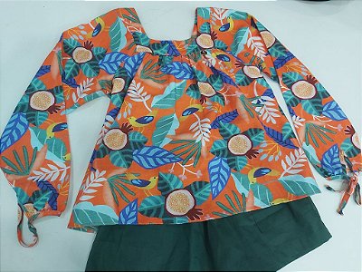 Precoce Conjunto Short Infantil Feminino Manga Longa 2143 Cor Laranja