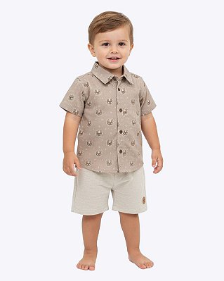 Conjunto Camisa Social Ursinho e Bermuda Off White Infantil Masculino 1025