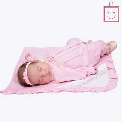 Saída Maternidade Macacão em Malha e Manta com Detalhes Bordados Menina Paraiso 15384