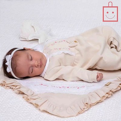 Saída Maternidade Macacão e Manta em Malha Bordada Menina Paraiso 15388