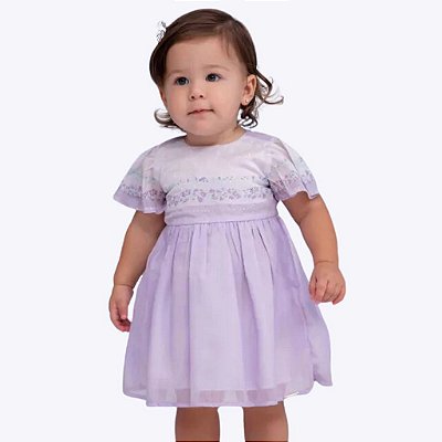 Vestido Lilás Estampa Delicada Manga Godê Paraiso 15498