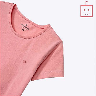Blusa Manga Curta Básica Rosa Slim Com Bordado Coração Infantil Menina Hering Kids 5CMPKTEEN