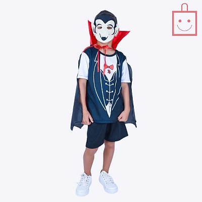 Fantasia Vampiro Drácula com Máscara e Capa Infantil Menino Muvile 9904