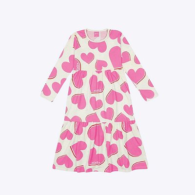 Vestido Midi Manga Longa Estampa Corações Infantil Menina Mundo Cinti 12333 Offwhite