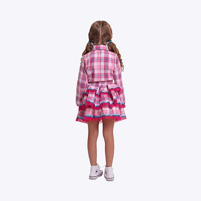 Saia Junina Xadrez Rosa com Babados e Renda Infantil Menina Muvile 6024