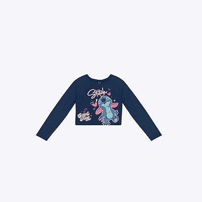 Blusa Cropped Manga Longa Stitch Infantil Menina Brandili 56141 Rosa
