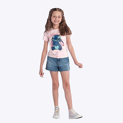 Blusa Manga Curta Rosa Tie-Dye Stitch Infantil Menina Brandili 26924 Rosa Claro