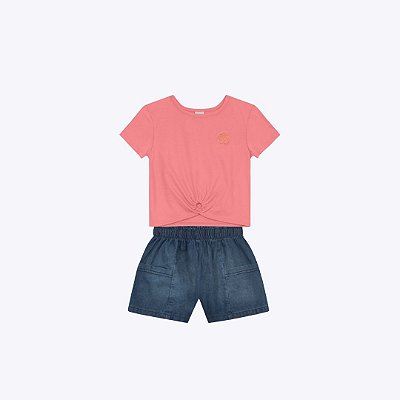 Conjunto Blusa Manga Curta E Shorts Juvenil Menina Brandili 26619 Salmao