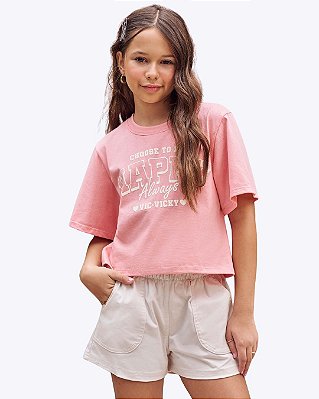 Conjunto Camiseta Boxy Over em Meia Malha e Shorts em Sarja com Elastano Juvenil Feminino Vic&Vicky  85193