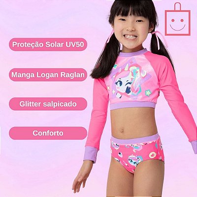 Conjunto Cropped Manga Longa e Calcinha de Biquíni Menina Unicórnio Kawaii Moda Praia Puket 110400972