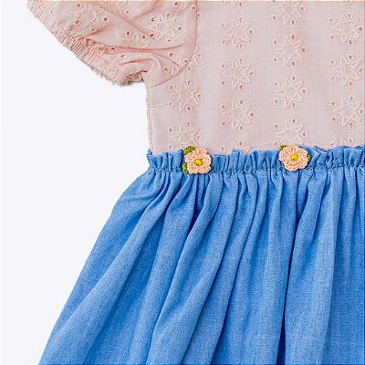 Vestido com Saia Jeans Florzinha Bebê Menina Vigat 2604