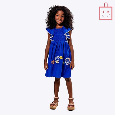 Vestido Azul Bordado Flor Infantil Menina Vigat 4888
