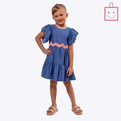 Vestido Jeans Mangas com Babado Infantil Menina Vigat 4924