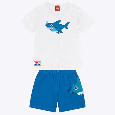 Conjunto Camiseta Manga Curta e Bermuda Bordado Tubarão Infantil Masculino Kyly 1000368