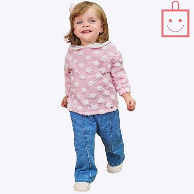 Conjunto Blusa em Pelo Poá com Calça Flare Jeans Bellini Infantil Feminino Infanti 71503