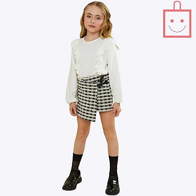 Conjunto Blusa Manga Longa em Viscose Sarjada com Short Saia Xadrez em Tweed Infantil Feminino Infanti 71448