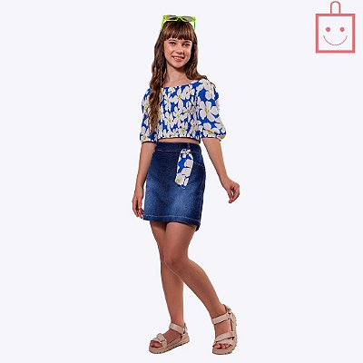 Conjunto Blusa Estampa Floral e Saia Jeans Juvenil Menina Vigat 7859