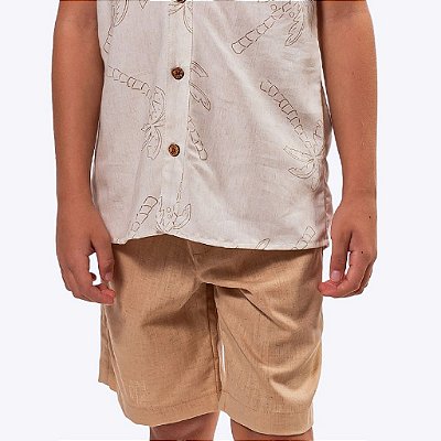 Conjunto Infantil Camisa Off White Estampada de Coqueiro e Bermuda Sarja Bege Vigat 3962