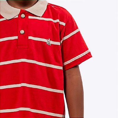 Conjunto Camisa Polo Vermelha Listras e Bermuda Sarja Bege Infantil Menino Vigat 3951