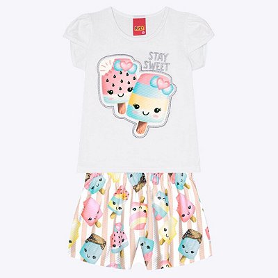 Conjunto Blusa Manga Curta e Shorts em Malha Estampado Infantil Menina Kyly 1000213